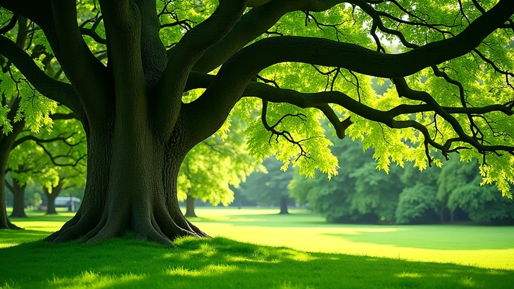 Ancient oak tree with sprawling branches in Phoenix Park, dappled sunlight on grass