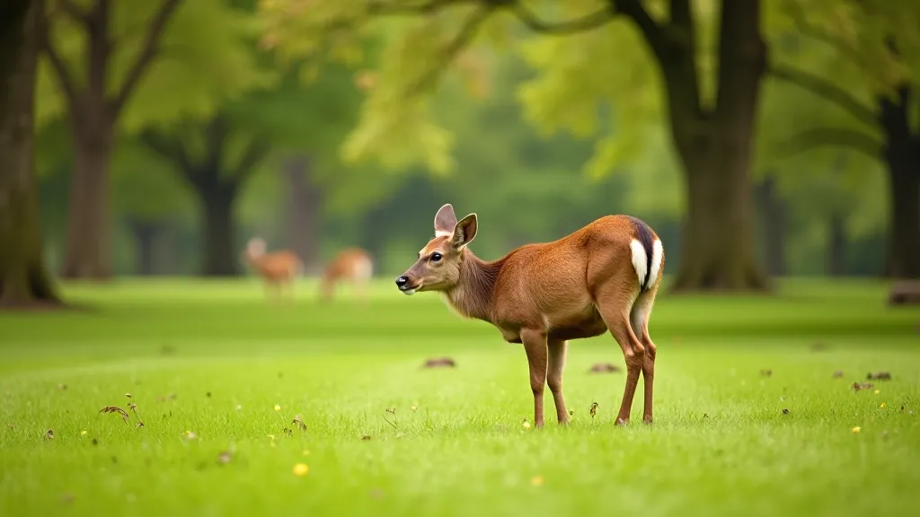 Deer grazing peacefully in a natural park setting with trees and vegetation visible