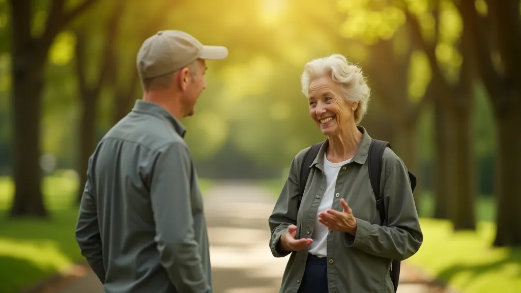 Friendly guide speaking with a senior participant on a park walk
