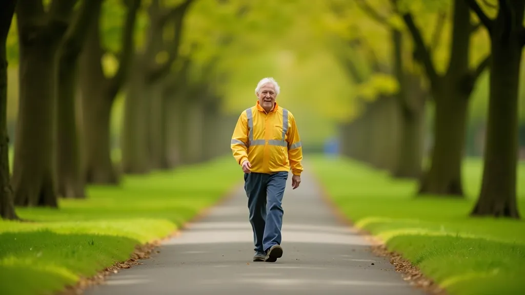 Older adult walking confidently on tree-lined path in Phoenix Park, Dublin, wearing comfortable walking clothes and clear visibility gear
