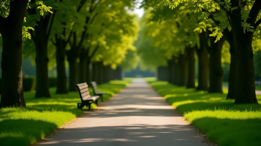 Wide flat pathway through Phoenix Park with mature trees creating natural archway, clear sightlines, and wooden bench in distance