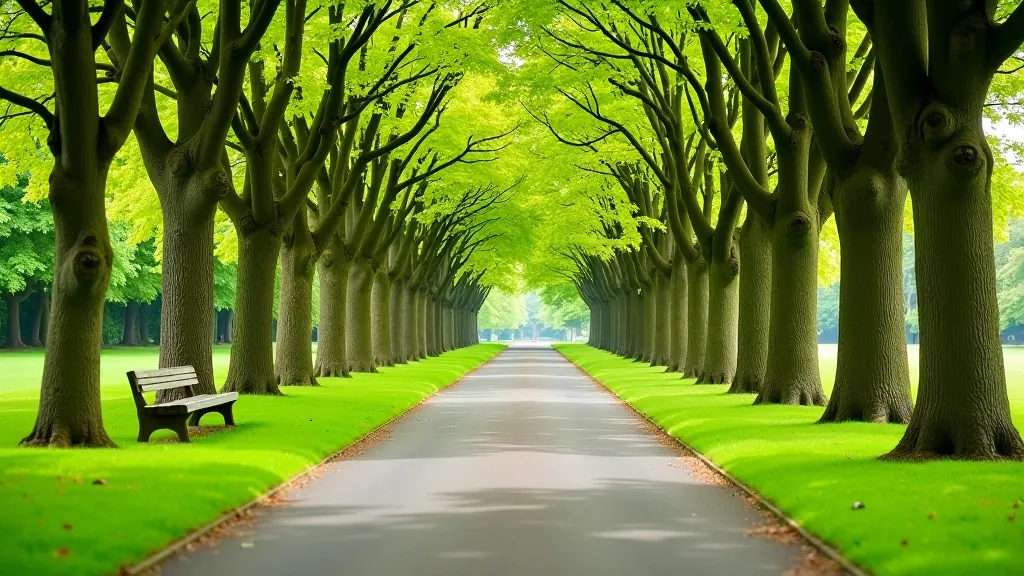 Scenic tree-lined walking path in Phoenix Park Dublin, flat terrain with green grass on both sides and wooden benches visible along the route