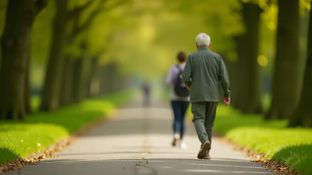Senior person walking safely on park path with proper form and awareness