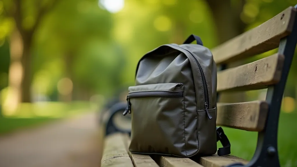 Small lightweight backpack packed with essentials on park bench, organized compartments visible