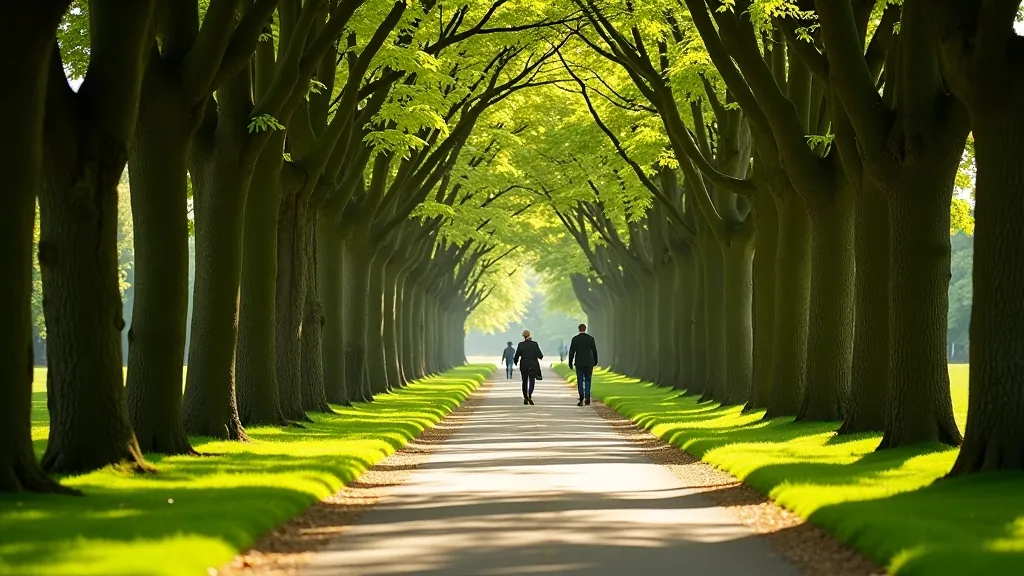 Park path during mid-morning with clear sunlight, good visibility, and several other walkers visible in the distance