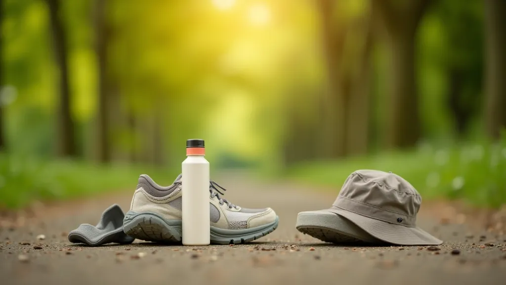 Walking essentials including comfortable shoes, water bottle, and sun protection items
