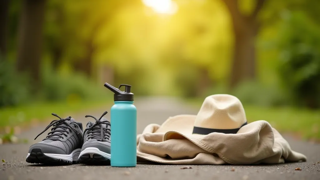 Walking gear laid out neatly including comfortable shoes, water bottle, light jacket, and hat on outdoor surface