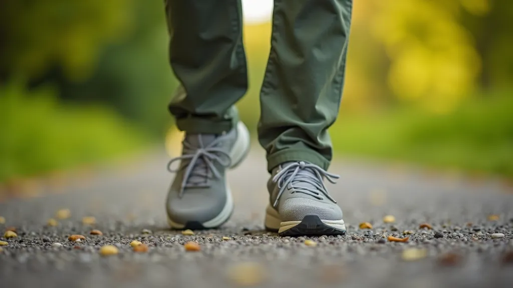Close-up of walking shoes on gravel path, laces tied, side view detail